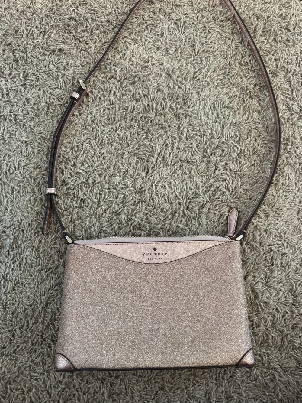 kate spade Rose Gold Glitter Crossbody Bag with Pink Strap Accents
